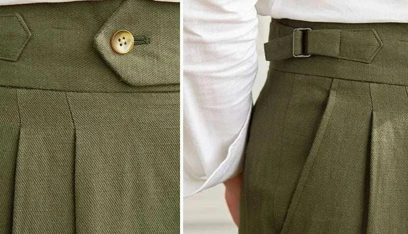 Close-up view of Antonios Naples cotton-linen pants with belt detail, summer comfort fit.