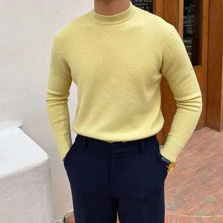 Korean smart casual sweater in premium quality wool, solid pattern, light apricot color.