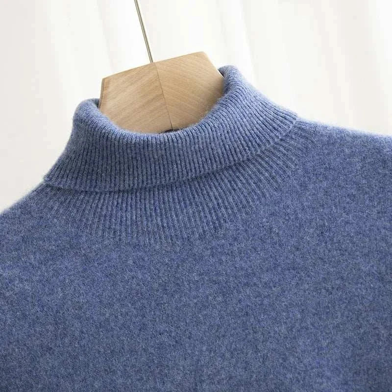 Business wool turtleneck sweater in blue, made from wool and cotton blend, ideal for autumn and winter.