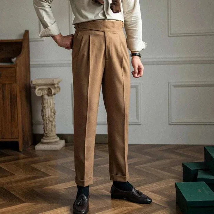 Cold season straight trousers for men in elegant style, polyester material, suitable for winter wardrobe.