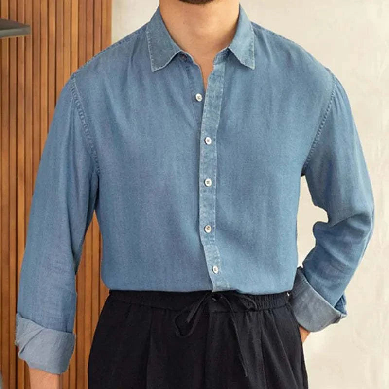 Men's summer retro long-sleeve shirt in lightweight, breathable fabric.