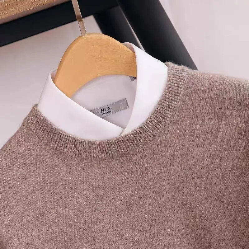 Antonios Pure Wool Sweater in beige on a hanger, featuring solid pattern and crew neck design.