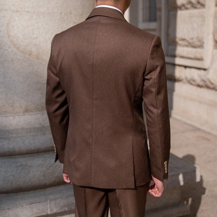 Brown Antonios Double Breast Suit in premium polyester for men, ideal for business meetings and special events.