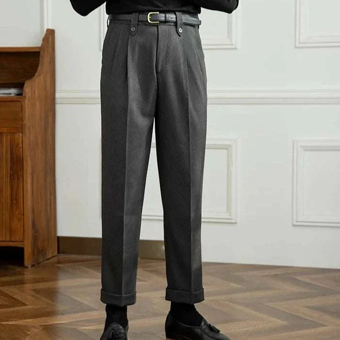 Straight high-waist casual trousers for men in solid polyester fabric, perfect for smart casual or elegant styles.