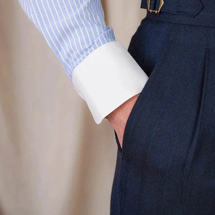 Antonios striped cotton business shirt with long sleeves and white cuffs.