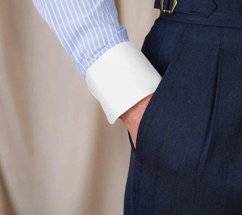 Antonios striped cotton business shirt with long sleeves and white cuffs.