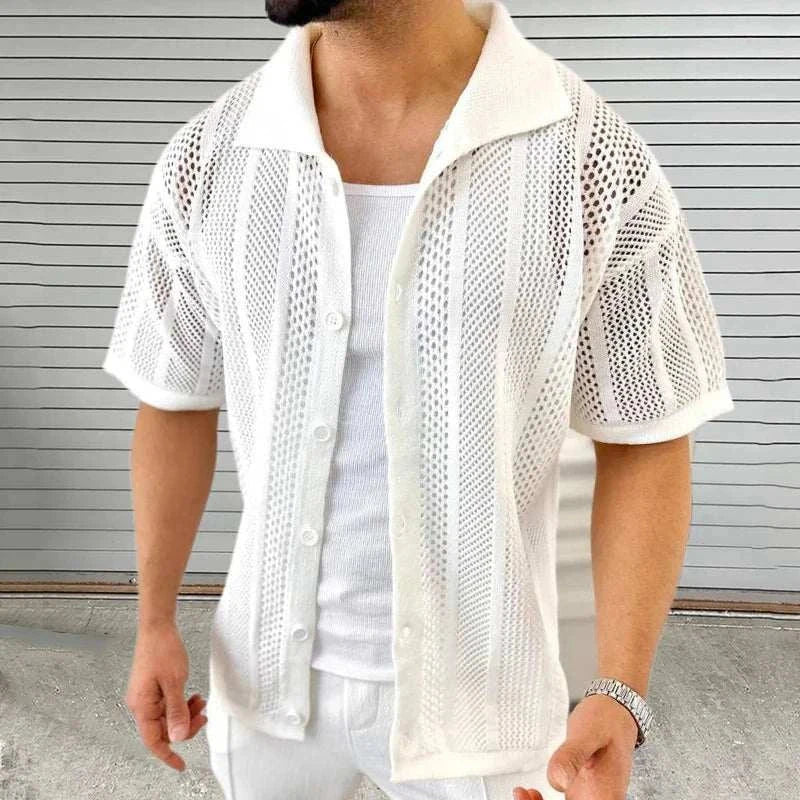 Vintage casual short sleeve shirt with stripe pattern, breathable fabric, and classic style for men.