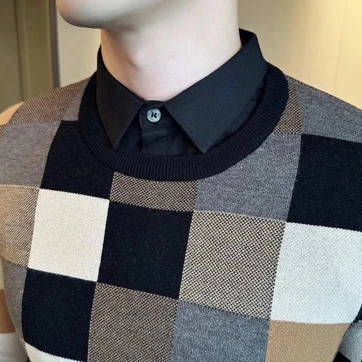Tone two color sweater for men with check pattern, casual and elegant style.
