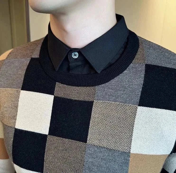 Tone two color sweater for men with check pattern, casual and elegant style.
