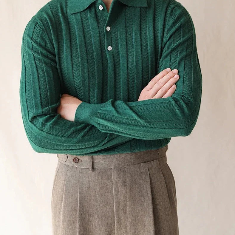 KOREAN premium sweater, elegant casual men's wear, green with solid pattern.