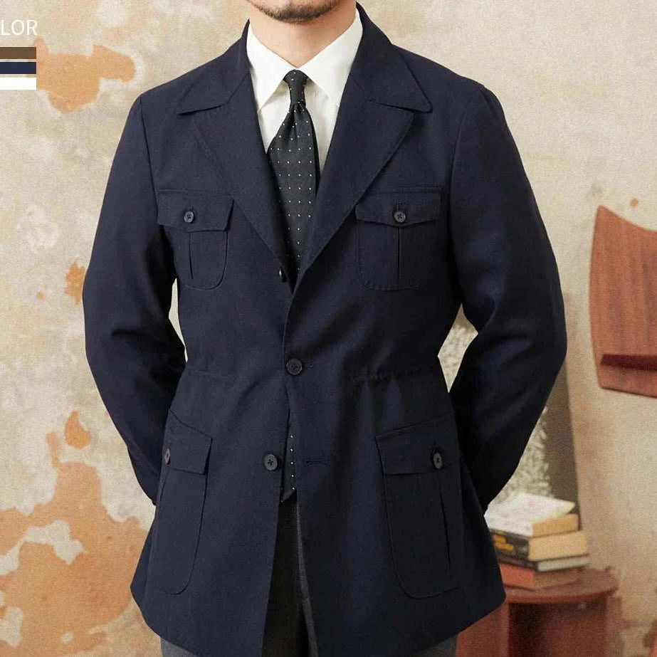 Men's navy blue Autumn vintage old money coat, elegant and stylish for fall.