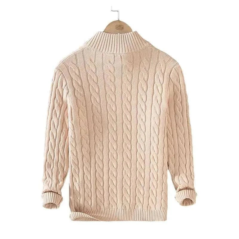 Autumn half zipper braided cotton sweater in cream, featuring a stylish braided design for a textured look.