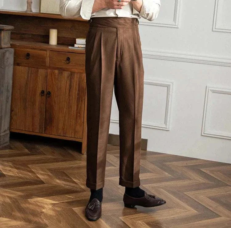 Men's brown cold season straight trousers for winter wardrobe, cozy and stylish.