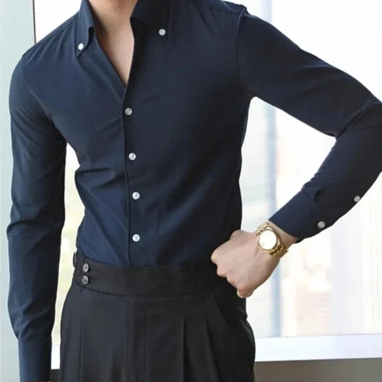 ITALIAN slim-fit shirt in soft cotton, classic collar, styled for men, solid color.
