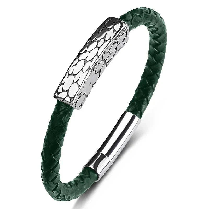 Genuine leather braided bracelet with stainless steel accents, stylish and durable for everyday wear.
