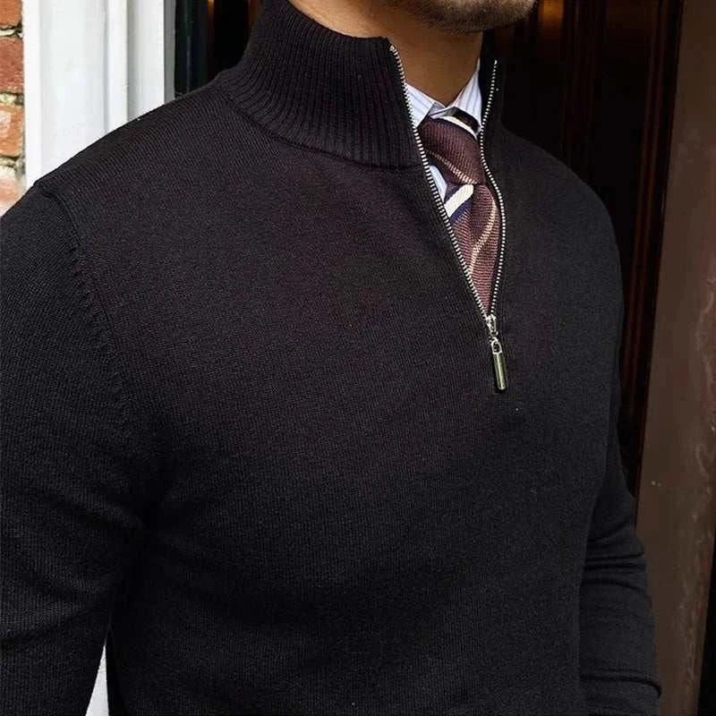 Men's knitted fall sweater with zipper, polyester and wool blend, comfortable fit.