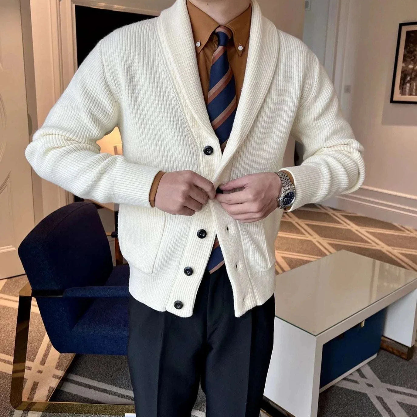 Men's white fall season casual cardigan, acrylic, stylish and warm.