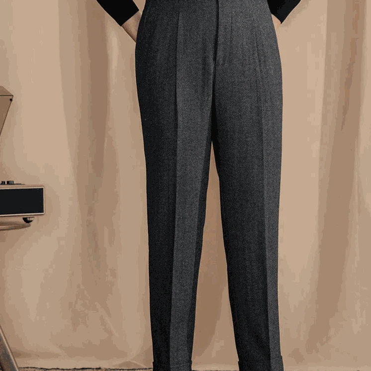 Antonios vintage wool herringbone pants, smart casual full-length style.