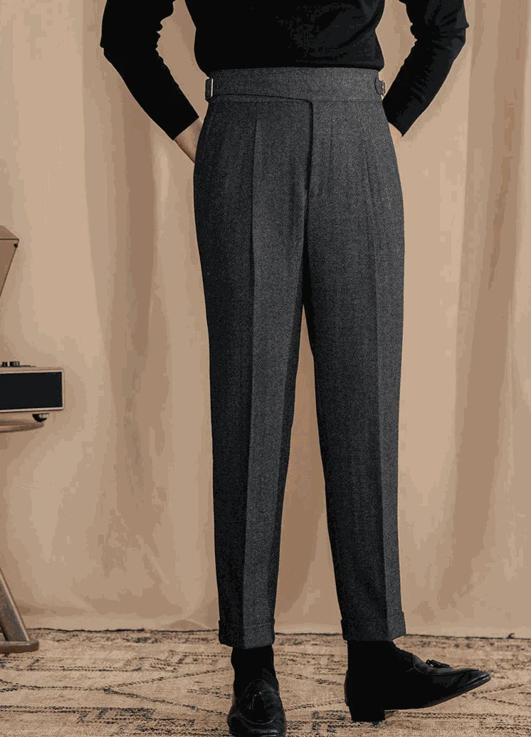 Antonios vintage wool herringbone pants, smart casual full-length style.