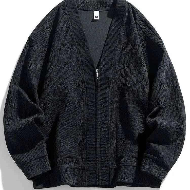 Men's winter cardigan sweater with zipper, cozy polyester and spandex blend, black.