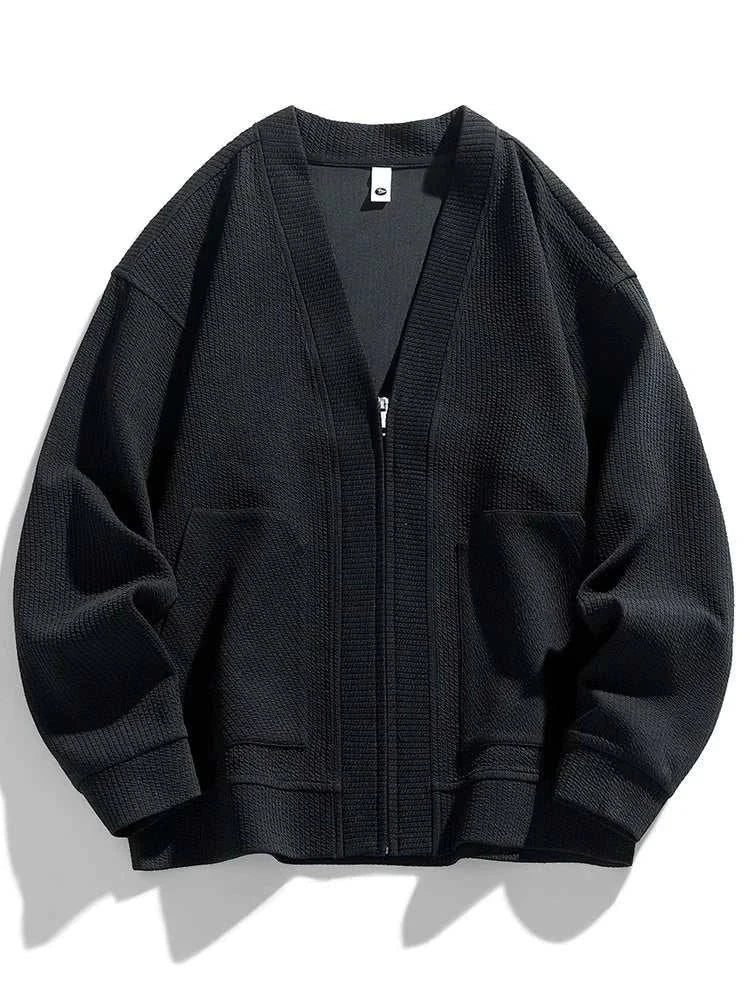 Men's winter cardigan sweater with zipper, cozy polyester and spandex blend, black.