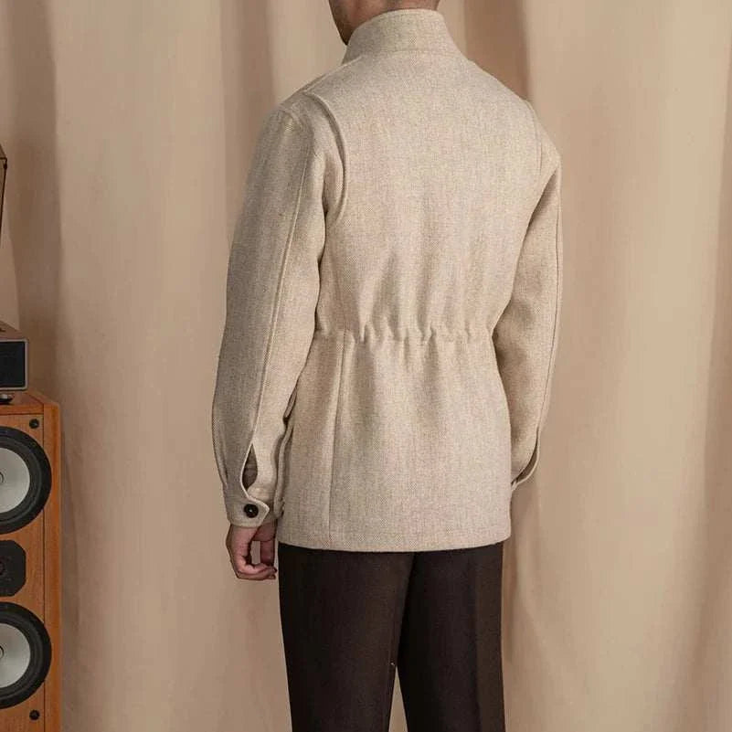 British winter premium jacket for men in wool and cotton, back view.