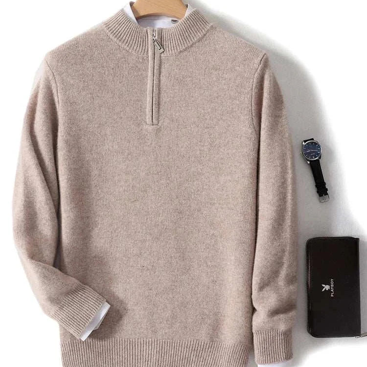 Luxury wool casual sweater for men, beige color, cozy and stylish.