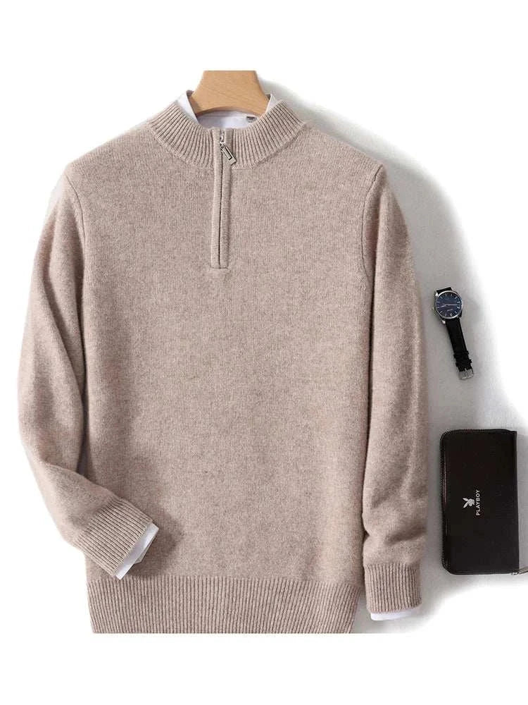 Luxury wool casual sweater for men, beige color, cozy and stylish.