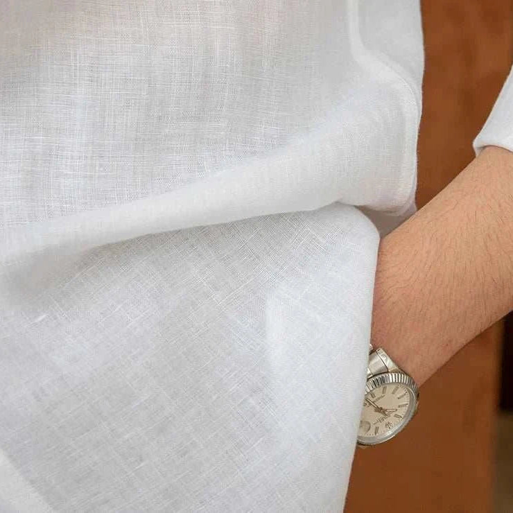 Lightweight linen long-sleeve shirt, breathable and stylish.