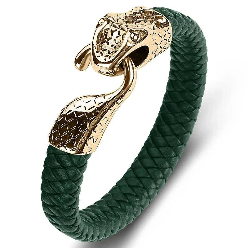 Snake leather bracelet with gold snake head design, durable stainless steel, stylish accessory.