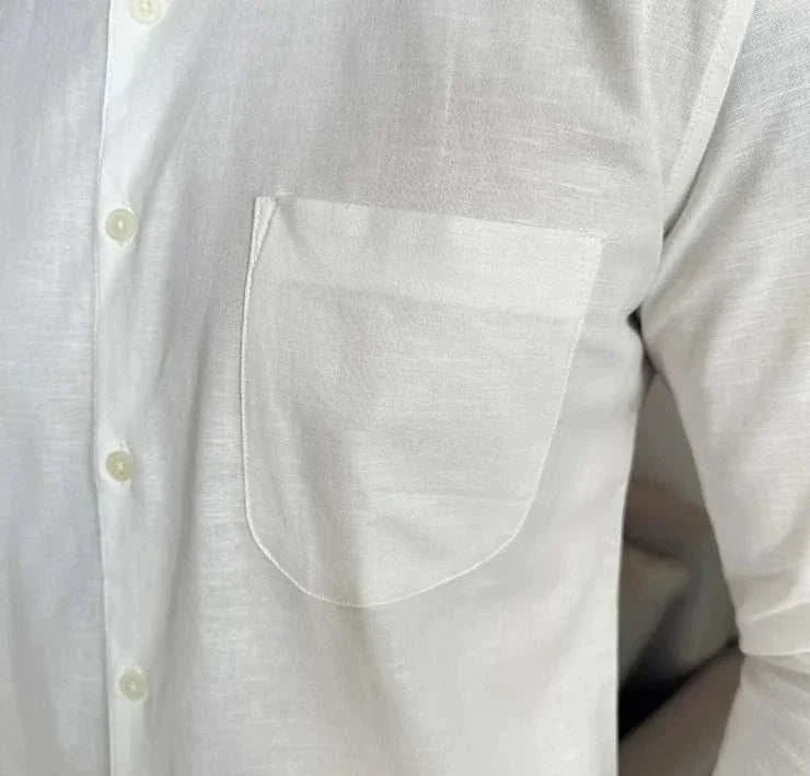 Linen smart casual long-sleeve shirt with front pocket detail.