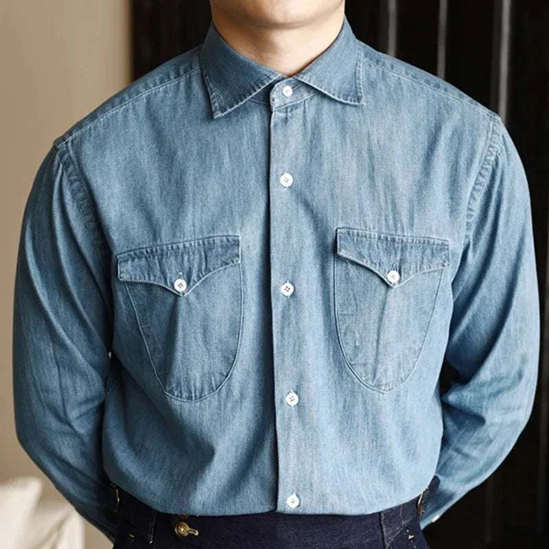 Men's office premium denim shirt with classic collar and button-front.