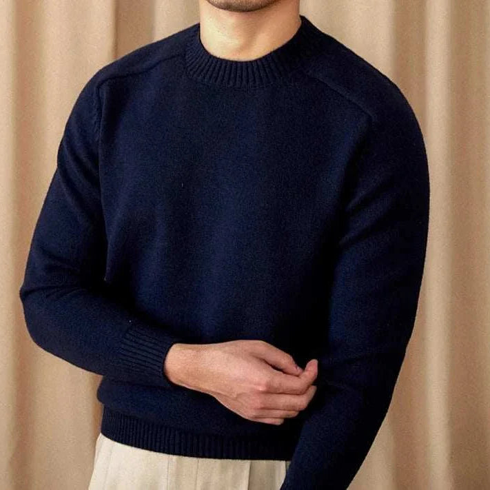 Japanese casual winter sweater for men in navy blue, cotton-wool blend.