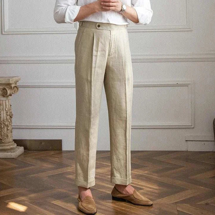 Lightweight Italian high-waist trousers made of 100% linen, ideal for casual and elegant styles.