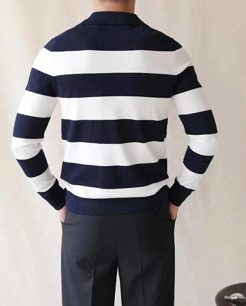 Oxford striped sweater in navy and white, men's stylish acrylic knit, casual and elegant.