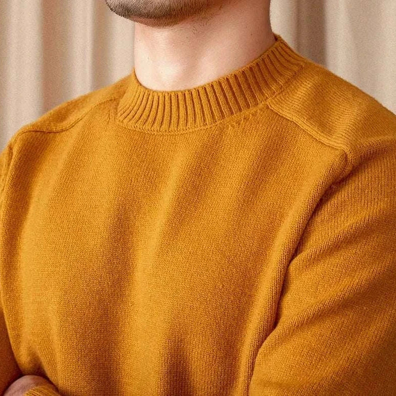 Japanese casual winter sweater in mustard, cotton-wool blend.