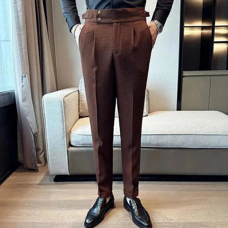 Men's suit formal office pants, solid pattern, elegant style, viscose and polyester blend.