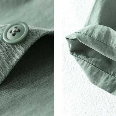 Premium short sleeve summer shirt with button detail and folded sleeve in solid green cotton.