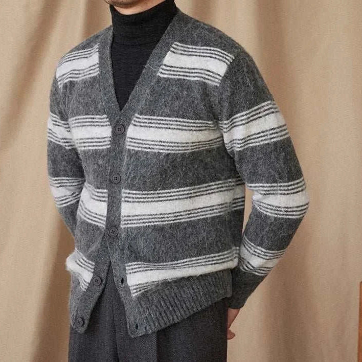 Antonios striped wool v-neck cardigan for men, winter essential, cozy and perfect for layering.