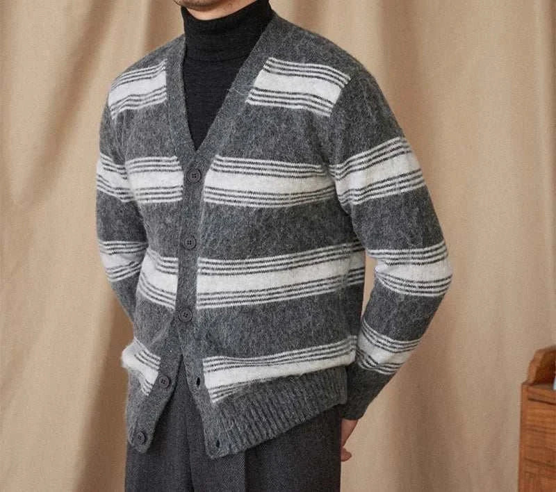 Antonios striped wool v-neck cardigan for men, winter essential, cozy and perfect for layering.