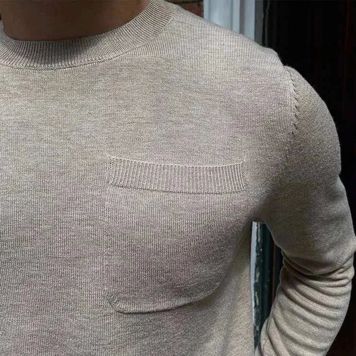 Antonios office premium sweater for men, polyamide and cotton blend, beige color with pocket detail.