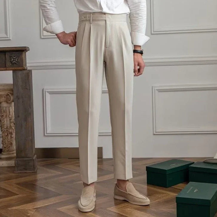 Antonios draped suit pants showcasing Korean-inspired elegance in full-length smart casual style.