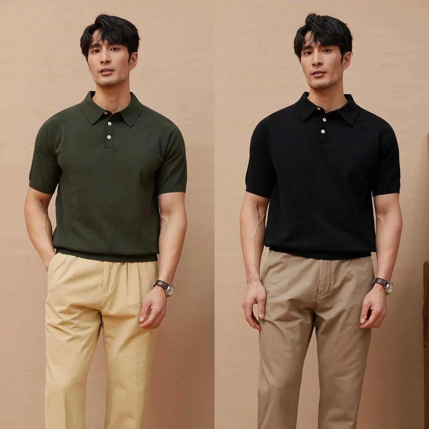 Men's luxury knitted polo t-shirt in olive and black, elegant and casual style.