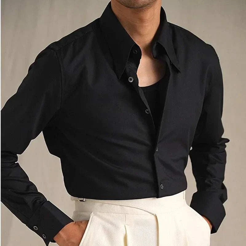 Party tuxedo long sleeve shirt with sleek design for men, polyester material.
