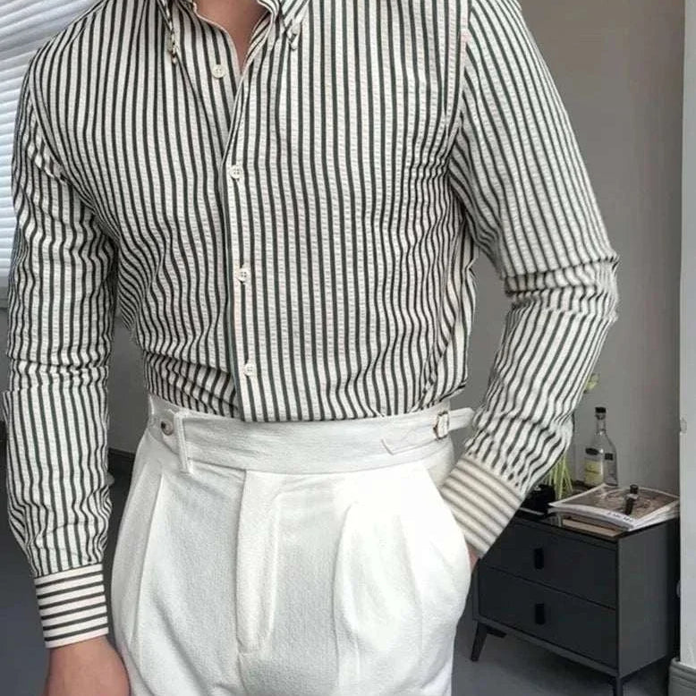 Antonios formal striped long sleeve shirt for men, elegant cotton blend, perfect for office or formal occasions.