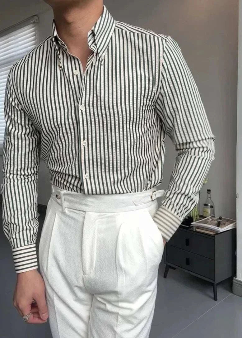 Antonios formal striped long sleeve shirt for men, elegant cotton blend, perfect for office or formal occasions.