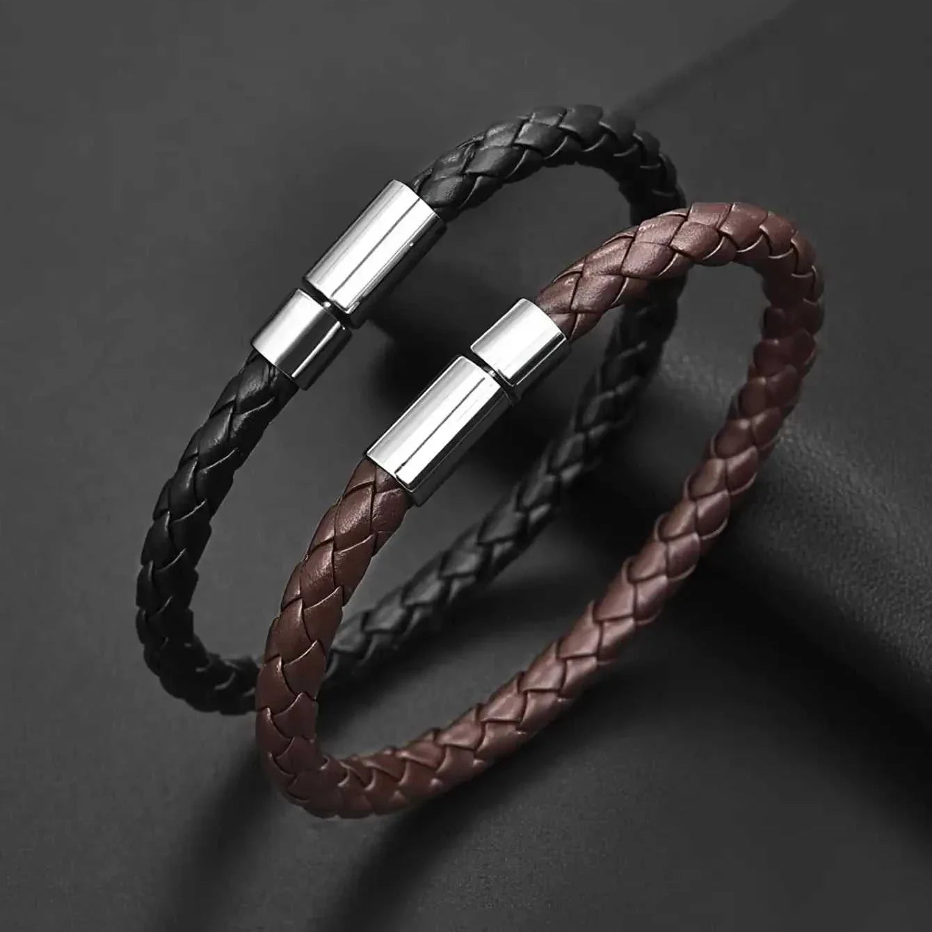 Business PU leather bracelet in brown and black braided design.
