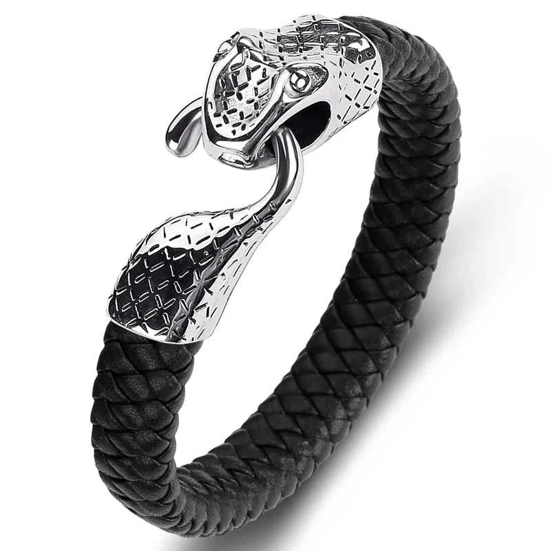Snake leather bracelet made with high-quality stainless steel and braided design.
