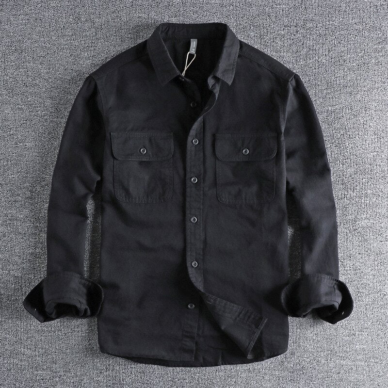 Vintage-Retro Cotton Shirt in black with solid pattern, made of cotton and linen blend.
