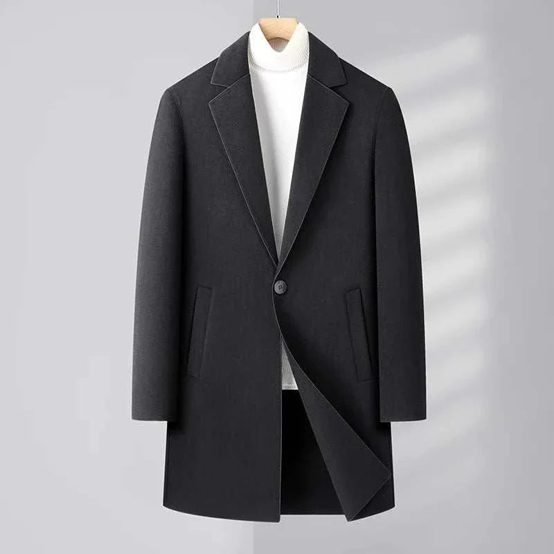Woolen business long coat for men, polyester material, ideal for autumn and winter.